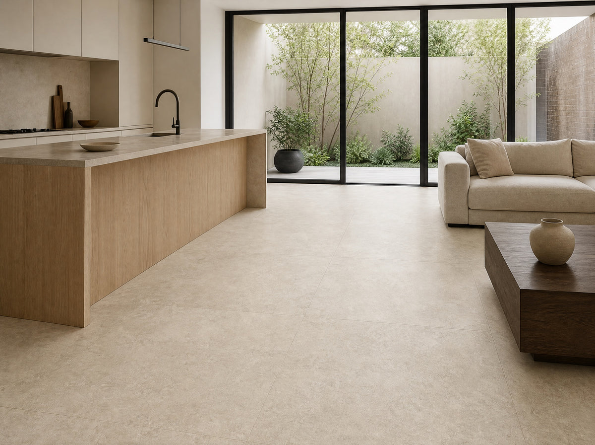 Civic Sable Cross stone effect porcelain tiles laid in a room, made in Italy